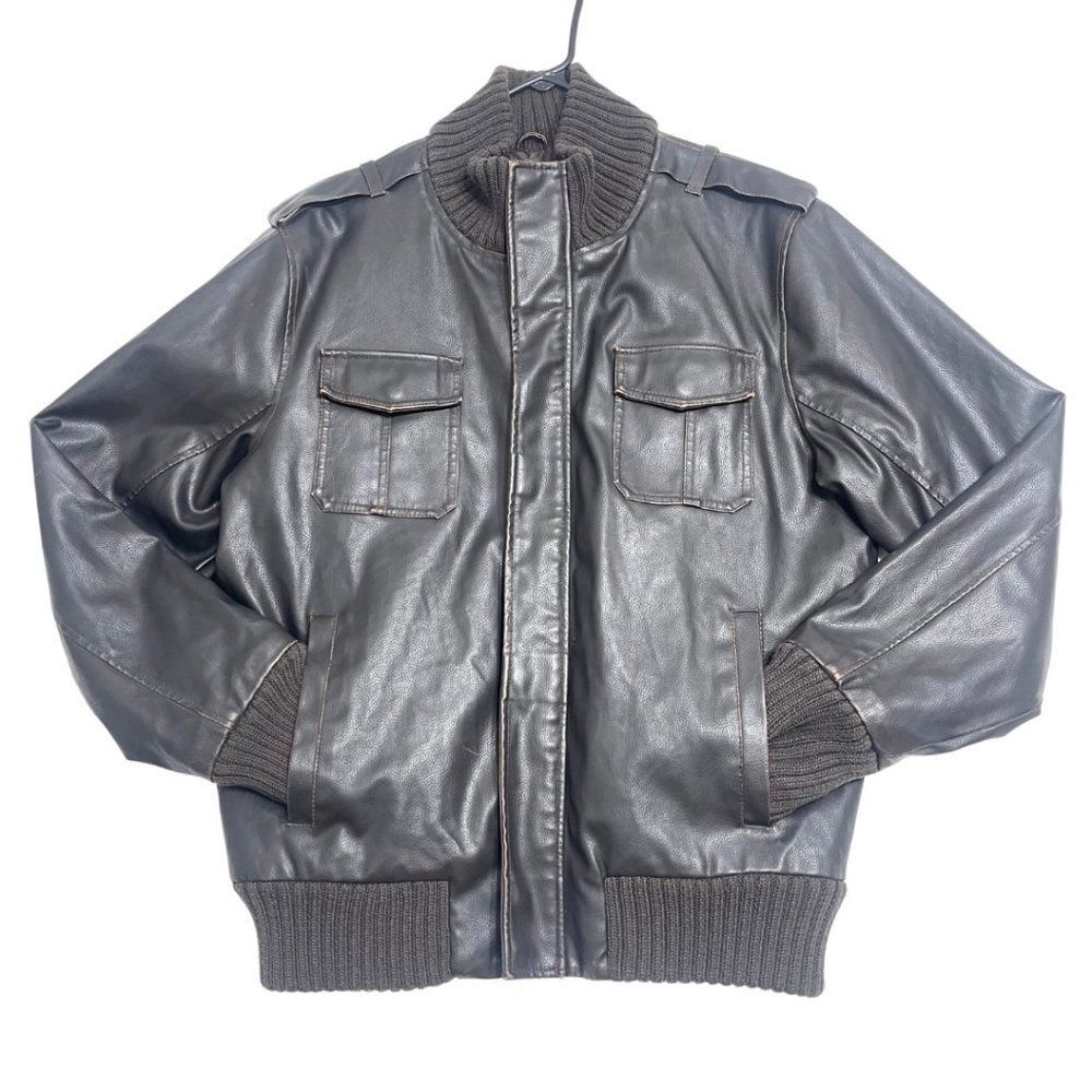 Men's Vintage Faux Leather Bomber Jacket Classic Aviator Style Size Large